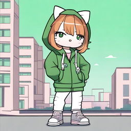 Hello Kitty with light brown hair and green eyes, dressed in urban style clothing