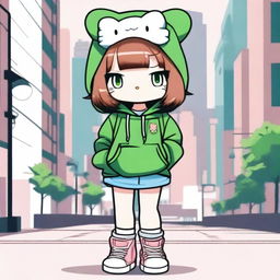 Hello Kitty with light brown hair and green eyes, dressed in urban style clothing