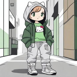 Hello Kitty with light brown hair and green eyes, dressed in urban style clothing