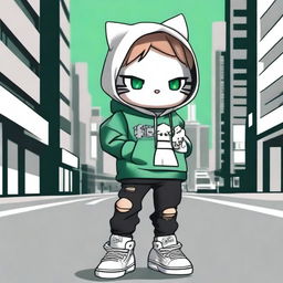 Hello Kitty with light brown hair and green eyes, dressed in urban style clothing