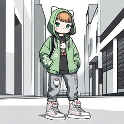 Hello Kitty with light brown hair and green eyes, dressed in urban style clothing