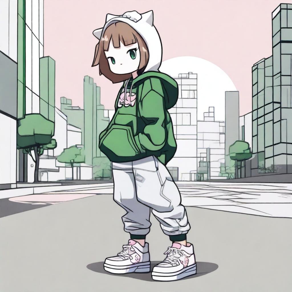 Hello Kitty with light brown hair and green eyes, dressed in urban style clothing