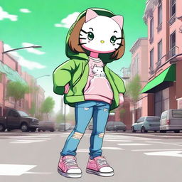 A realistic rendition of Hello Kitty with light brown hair and green eyes