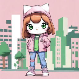 A realistic rendition of Hello Kitty with light brown hair and green eyes