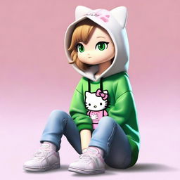 A realistic rendition of Hello Kitty with light brown hair and green eyes