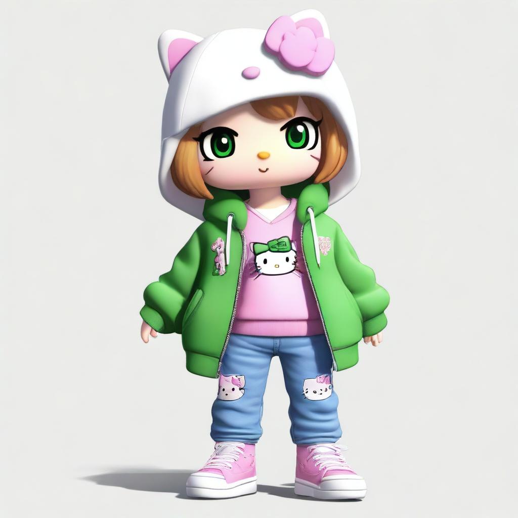 A realistic rendition of Hello Kitty with light brown hair and green eyes