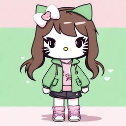 A Hello Kitty character with medium-length brown hair and green eyes, dressed in Y2K or urban style clothing in neutral colors