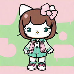 A Hello Kitty character with medium-length brown hair and green eyes, dressed in Y2K or urban style clothing in neutral colors