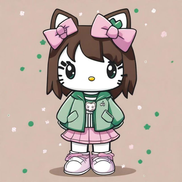 A Hello Kitty character with medium-length brown hair and green eyes, dressed in Y2K or urban style clothing in neutral colors