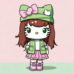 A Hello Kitty character with medium-length brown hair and green eyes, dressed in Y2K or urban style clothing in neutral colors