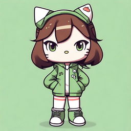 An adult version of Hello Kitty character with medium-length brown hair and green eyes, dressed in Y2K or urban style clothing in neutral colors