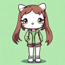 An adult version of Hello Kitty character with medium-length brown hair and green eyes, dressed in Y2K or urban style clothing in neutral colors