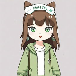 An adult version of Hello Kitty character with medium-length brown hair and green eyes, dressed in Y2K or urban style clothing in neutral colors