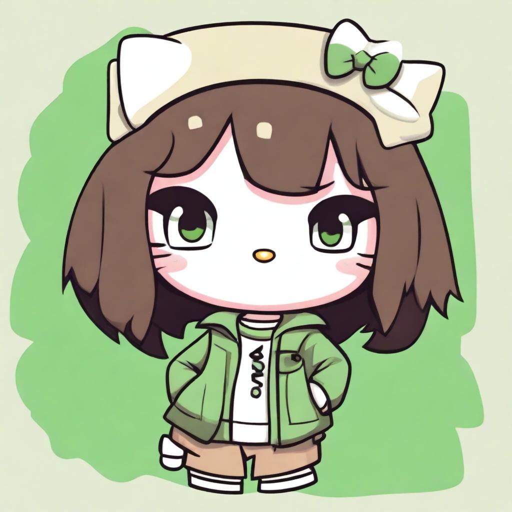 An adult version of Hello Kitty character with medium-length brown hair and green eyes, dressed in Y2K or urban style clothing in neutral colors