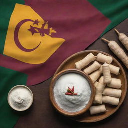 Sri Lankan flag flying proudly in the background, with a spread of cassava and cassava starch laid out below, all set in a festive atmosphere for Independence Day