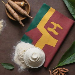 Sri Lankan flag flying proudly in the background, with a spread of cassava and cassava starch laid out below, all set in a festive atmosphere for Independence Day