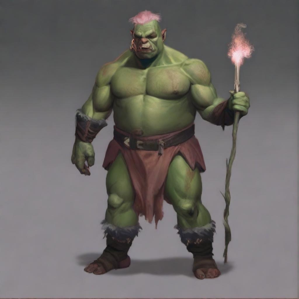 Generate an image of a hefty orc, devoid of clothing, holding a brown club in his right hand and a stick of dynamite in his left