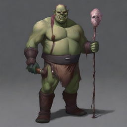 Generate an image of a hefty orc, devoid of clothing, holding a brown club in his right hand and a stick of dynamite in his left