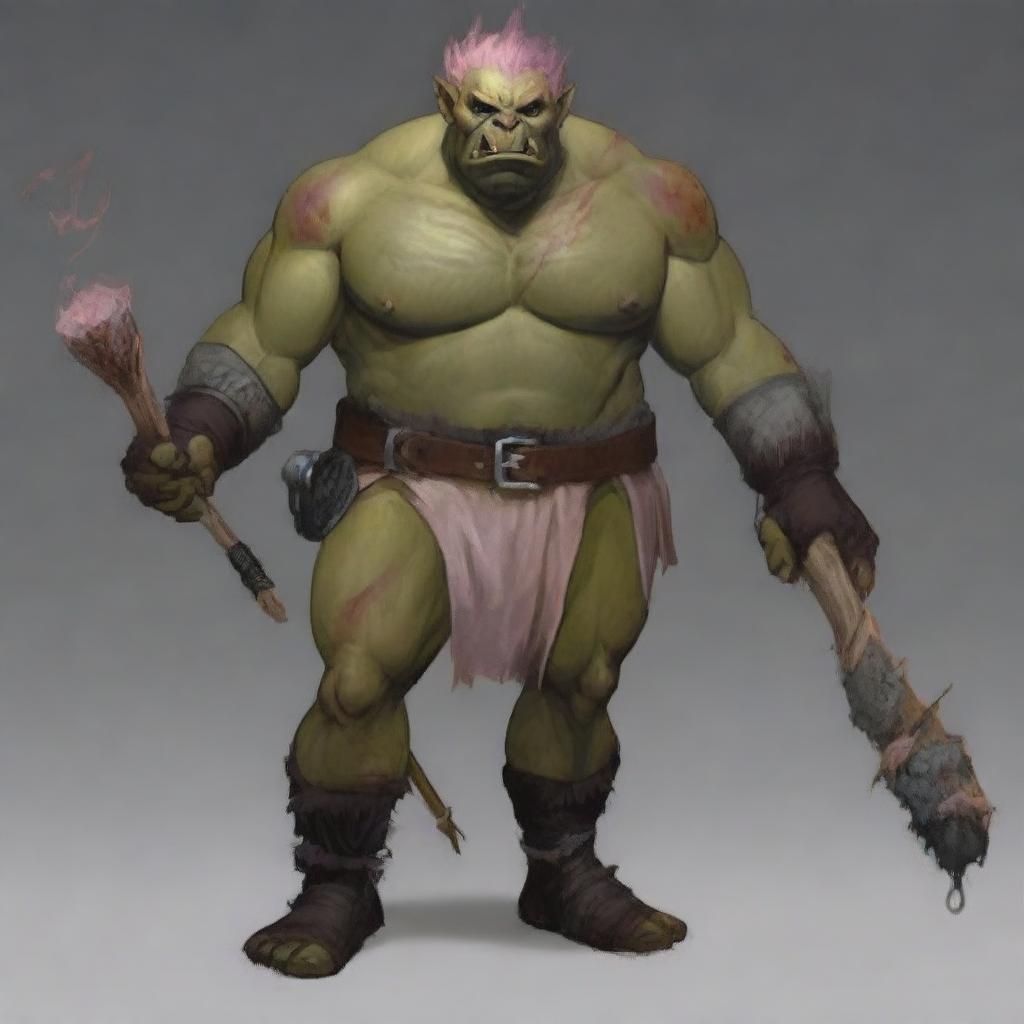 Generate an image of a hefty orc, devoid of clothing, holding a brown club in his right hand and a stick of dynamite in his left