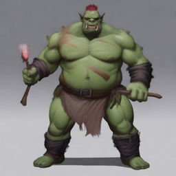 Generate an image of a hefty orc, devoid of clothing, holding a brown club in his right hand and a stick of dynamite in his left