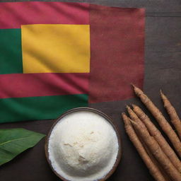 Sri Lankan flag flying proudly in the background, with a spread of cassava and cassava starch laid out below, all set in a festive atmosphere for Independence Day