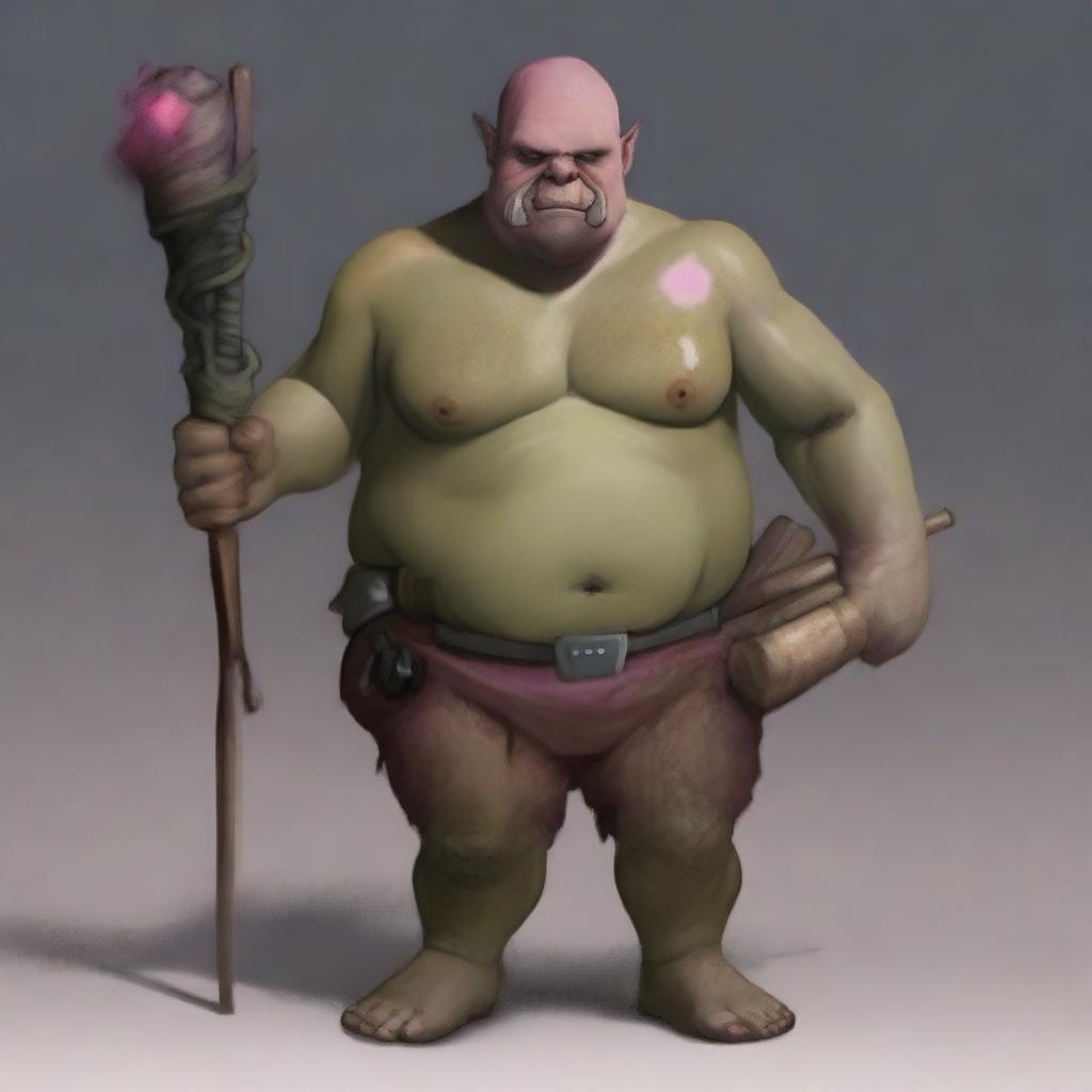 Create an image of a naked, overweight orc with pink short hair