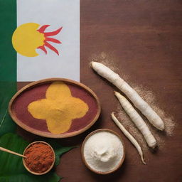 Sri Lankan flag flying proudly in the background, with a spread of cassava and cassava starch laid out below, all set in a festive atmosphere for Independence Day