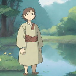 A smirking Hobbit cleric in the enchanting style of Studio Ghibli, standing at the serene shore of a reflective pond, surrounded by the tranquil beauty of nature