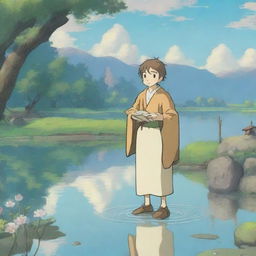 A smirking Hobbit cleric in the enchanting style of Studio Ghibli, standing at the serene shore of a reflective pond, surrounded by the tranquil beauty of nature