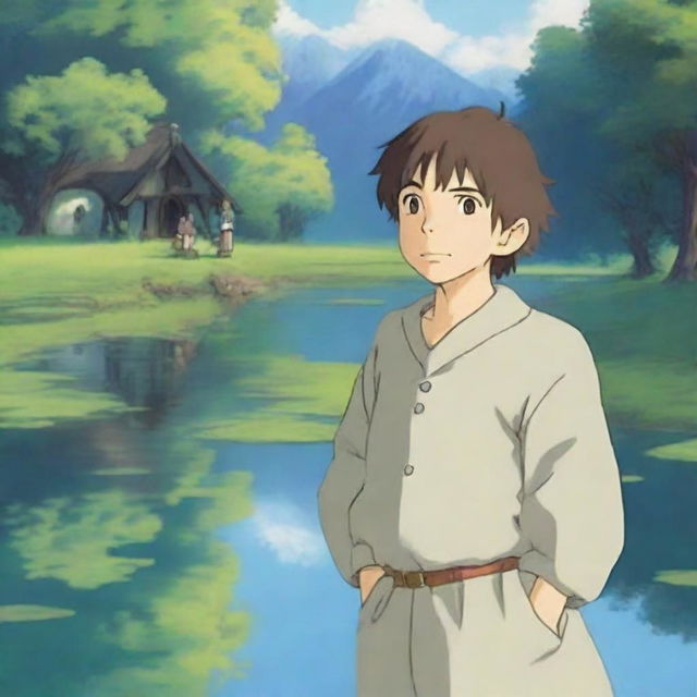 A smirking Hobbit cleric in the enchanting style of Studio Ghibli, standing at the serene shore of a reflective pond, surrounded by the tranquil beauty of nature