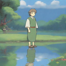 A smirking Hobbit cleric in the enchanting style of Studio Ghibli, standing at the serene shore of a reflective pond, surrounded by the tranquil beauty of nature