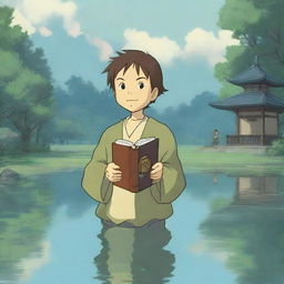 A smirking halfling cleric in the enchanting style of Studio Ghibli, standing at the serene shore of a reflective pond with a peaceful temple in the background