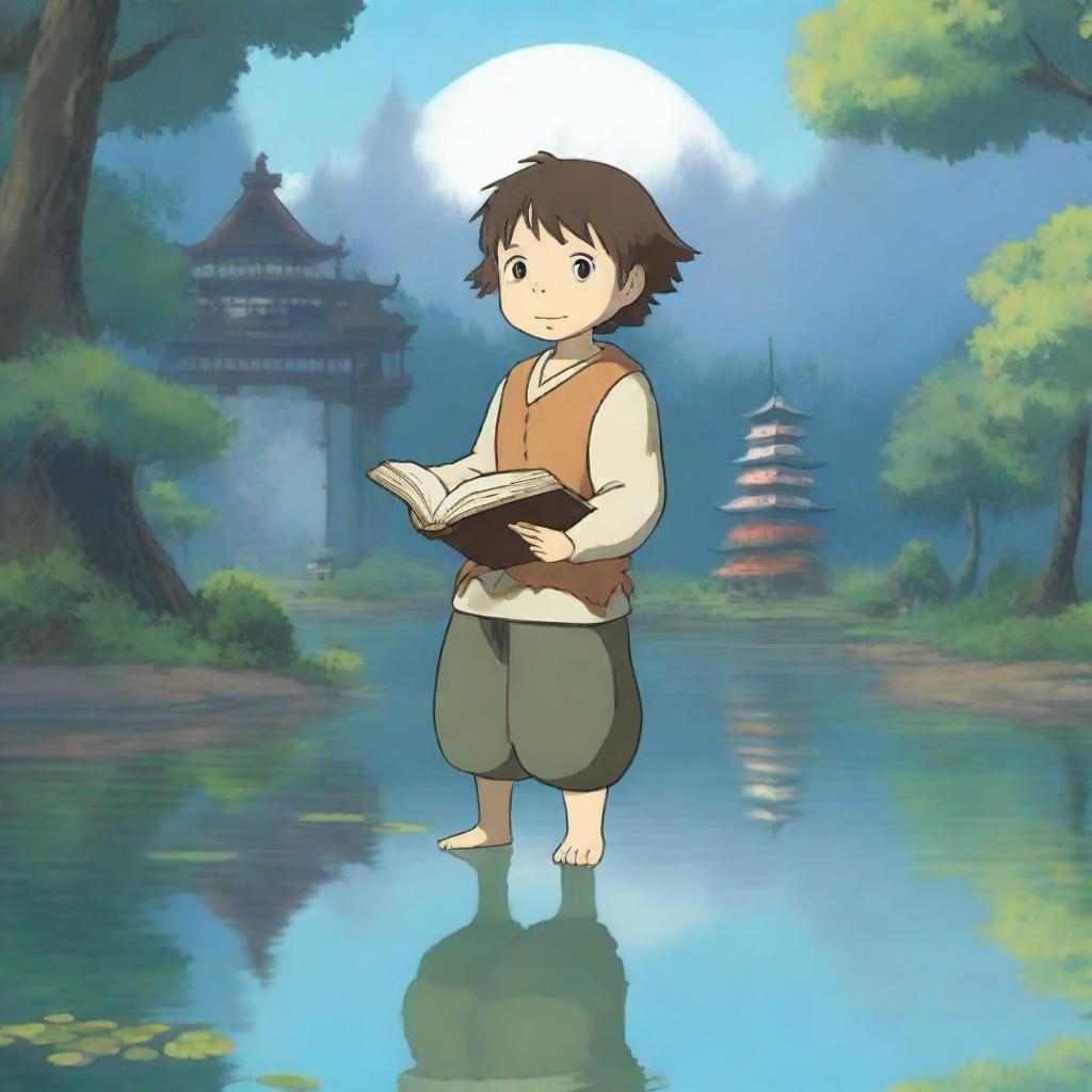 A smirking halfling cleric in the enchanting style of Studio Ghibli, standing at the serene shore of a reflective pond with a peaceful temple in the background