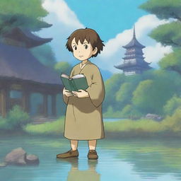 A smirking halfling cleric in the enchanting style of Studio Ghibli, standing at the serene shore of a reflective pond with a peaceful temple in the background