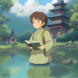 A smirking halfling cleric in the enchanting style of Studio Ghibli, standing at the serene shore of a reflective pond with a peaceful temple in the background