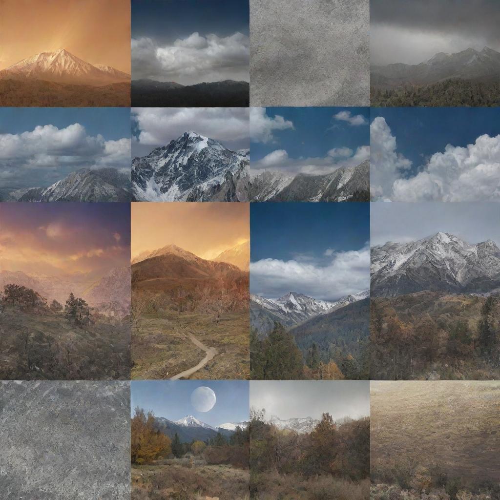 Generate an intricate photo collage composed of different perspectives, times of day, and weather conditions.