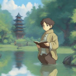 A portrait of a smirking halfling cleric man in the enchanting style of Studio Ghibli, standing at the serene shore of a reflective pond with a peaceful temple in the background