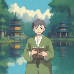 A portrait of a smirking halfling cleric man in the enchanting style of Studio Ghibli, standing at the serene shore of a reflective pond with a peaceful temple in the background