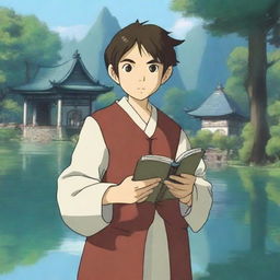 A portrait of a smirking halfling cleric man in the enchanting style of Studio Ghibli, standing at the serene shore of a reflective pond with a peaceful temple in the background