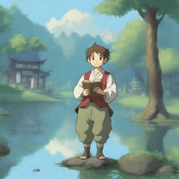 A portrait of a smirking halfling cleric man in the enchanting style of Studio Ghibli, standing at the serene shore of a reflective pond with a peaceful temple in the background