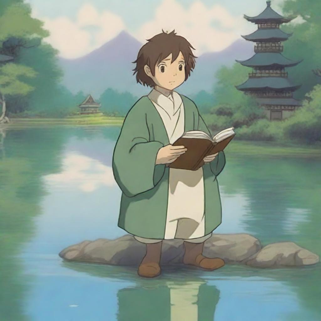 A portrait of a smirking halfling cleric man in the enchanting style of Studio Ghibli, standing at the serene shore of a reflective pond with a peaceful temple in the background