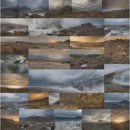 Generate an intricate photo collage composed of different perspectives, times of day, and weather conditions.