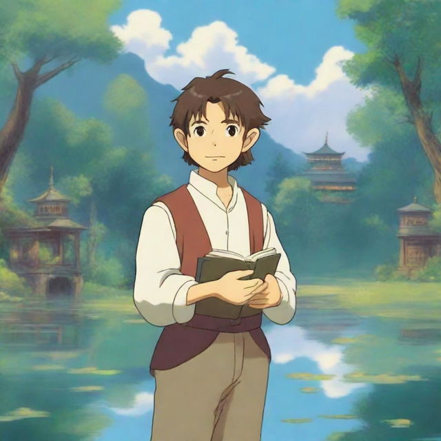 A portrait of a smirking halfling cleric man in the enchanting style of Studio Ghibli, standing at the serene shore of a reflective pond with a peaceful temple in the background