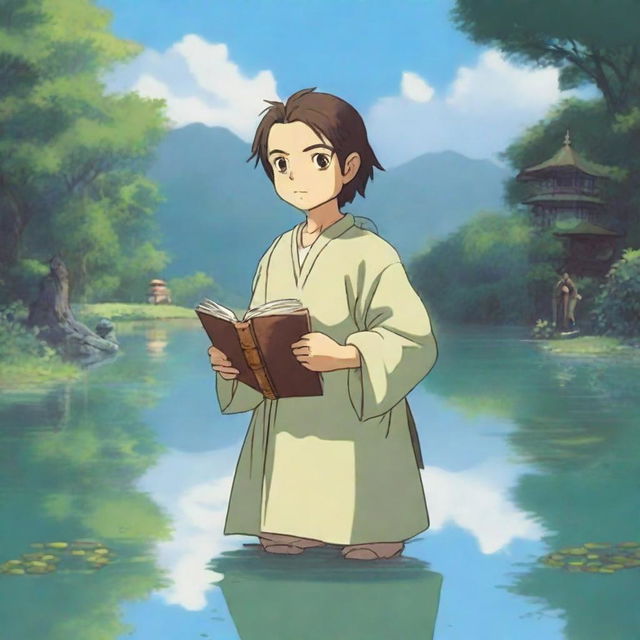 A portrait of a smirking halfling cleric man in the enchanting style of Studio Ghibli, standing at the serene shore of a reflective pond with a peaceful temple in the background