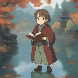 A portrait of a smirking halfling cleric man in the enchanting style of Studio Ghibli, standing at the serene shore of a reflective pond with a peaceful temple in the background during autumn