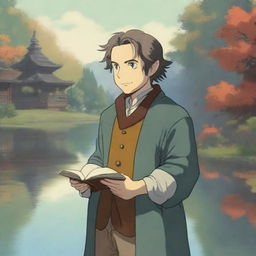 A portrait of a smirking halfling cleric man in the enchanting style of Studio Ghibli, standing at the serene shore of a reflective pond with a peaceful temple in the background during autumn