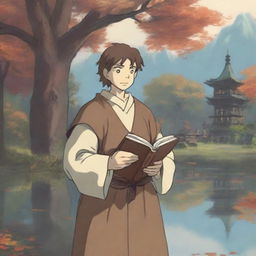 A portrait of a smirking halfling cleric man in the enchanting style of Studio Ghibli, standing at the serene shore of a reflective pond with a peaceful temple in the background during autumn