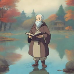 A portrait of a smirking halfling cleric man in the enchanting style of Studio Ghibli, standing at the serene shore of a reflective pond with a peaceful temple in the background during autumn