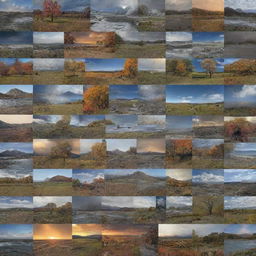 Generate an intricate photo collage composed of different perspectives, times of day, and weather conditions.