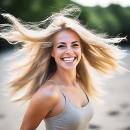 A blonde woman with a fit physique turns around joyfully, her hair flowing in the wind as she prances